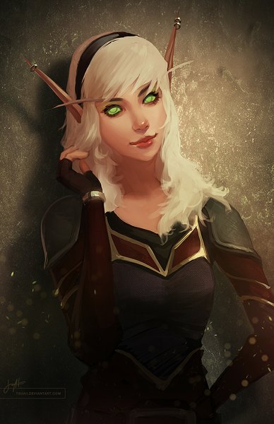 Anime picture 725x1120 with world of warcraft blizzard entertainment blood elf tsuaii single long hair tall image green eyes white hair lips pointy ears realistic elf girl earrings bracelet