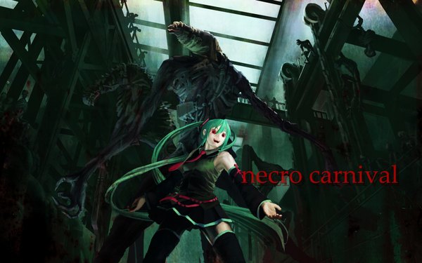 Anime picture 1680x1050 with vocaloid hatsune miku long hair highres smile red eyes wide image twintails very long hair aqua hair zettai ryouiki zombie crazy eyes girl thighhighs skirt detached sleeves necktie monster nyohoho