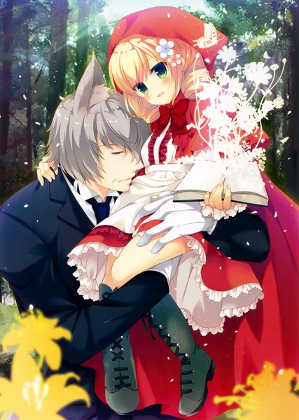 Anime picture 2346x3300 with little red riding hood original eshi 100-nin ten little red riding hood (character) mango purin tall image blush highres blonde hair green eyes animal ears grey hair scan official art drill hair wolf ears wolf boy girl dress boy