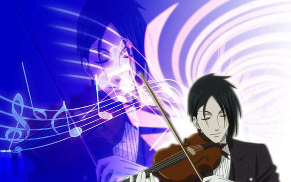Anime picture 1440x900 with kuroshitsuji a-1 pictures sebastian michaelis single short hair black hair wide image eyes closed butler boy gloves suit musical note violin bow (instrument)