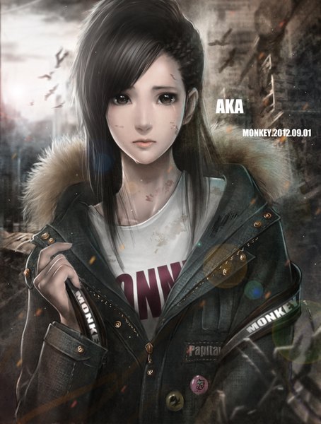 Anime picture 2400x3171 with monkey (weibo) single long hair tall image highres black hair brown eyes signed braid (braids) realistic inscription tears crying girl jacket fur badge