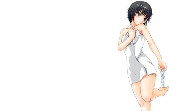 Anime picture 2560x1600 with amagami nanasaki ai single blush highres short hair light erotic black hair simple background wide image white background bare shoulders holding barefoot black eyes naked towel girl underwear panties towel