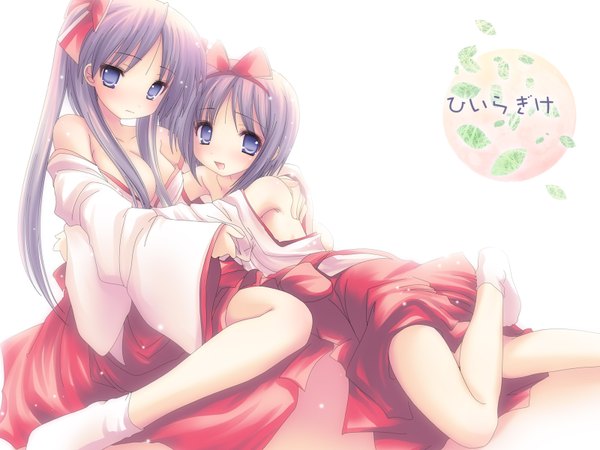 Anime picture 1600x1200 with lucky star kyoto animation hiiragi kagami hiiragi tsukasa namamo nanase light erotic japanese clothes miko twins girl