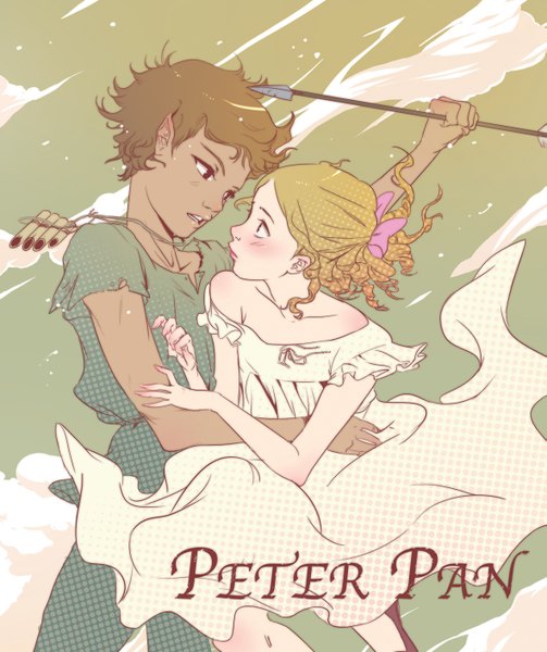 Anime picture 1181x1408 with peter pan peter pan (character) wendy darling angela vianello tall image blush short hair blonde hair brown hair bare shoulders holding brown eyes sky cloud (clouds) ponytail wind pointy ears inscription couple hug