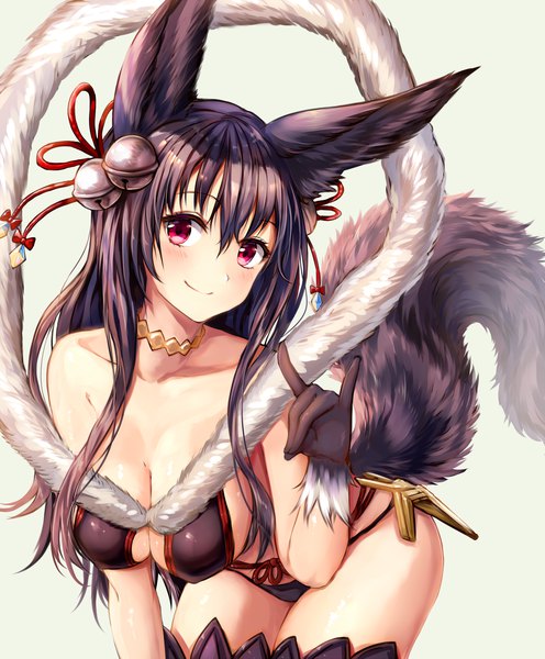 Anime picture 1500x1814 with granblue fantasy yuel (granblue fantasy) suke single long hair tall image looking at viewer blush fringe light erotic black hair simple background smile hair between eyes animal ears tail animal tail pink eyes leaning leaning forward