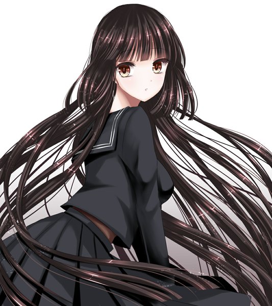 Anime picture 1000x1125 with original hiroharu single tall image looking at viewer fringe black hair white background brown eyes yellow eyes pink hair very long hair pleated skirt looking back multicolored hair gradient background gradient hair pink background girl skirt