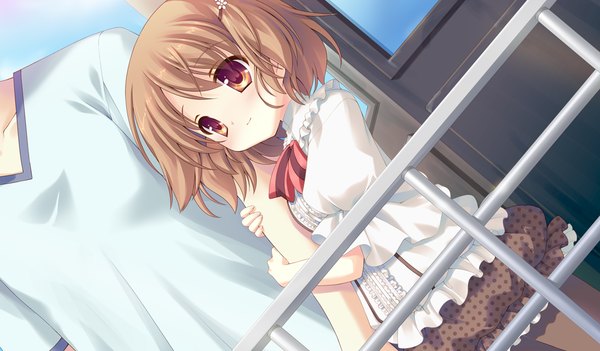 Anime picture 1024x600 with tsukumonotsuki short hair red eyes brown hair wide image game cg loli girl dress