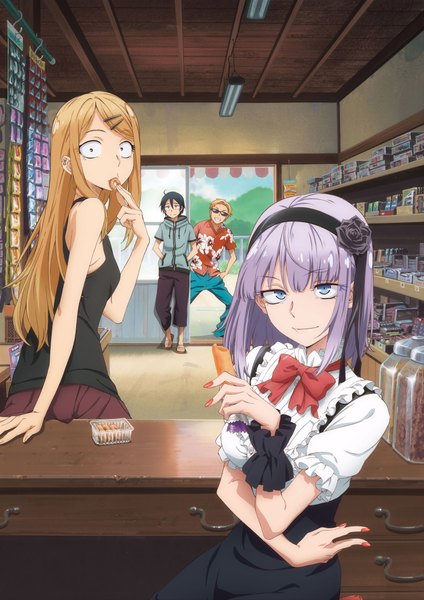 Anime picture 1524x2154 with dagashi kashi feel (studio) shidare hotaru endou saya (dagashi kashi) shikada kokonotsu endou tou long hair tall image looking at viewer short hair blue eyes black hair brown hair multiple girls brown eyes purple hair multiple boys girl dress boy