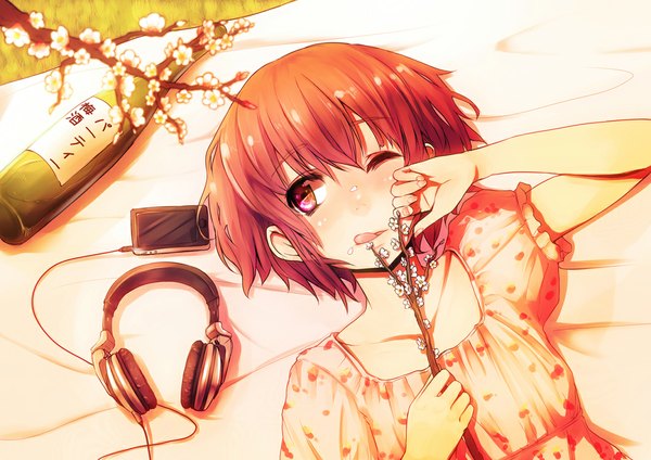 Anime picture 1064x752 with original nuko-d (artist) single blush short hair purple eyes red hair lying one eye closed wink cherry blossoms :p girl headphones branch