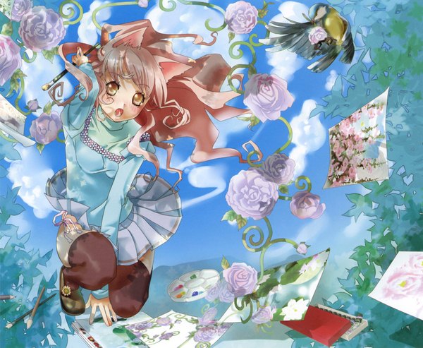Anime picture 2325x1914 with original pixiv girls collection jorotama single long hair blush highres open mouth brown hair brown eyes animal ears yellow eyes sky cloud (clouds) pleated skirt wind cat ears girl thighhighs flower (flowers)