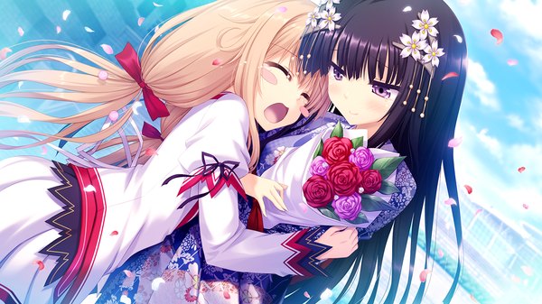 Anime picture 1280x720 with koiken otome minato shiho long hair open mouth black hair blonde hair wide image multiple girls game cg hair flower hug girl dress hair ornament flower (flowers) bow 2 girls hair bow petals bouquet