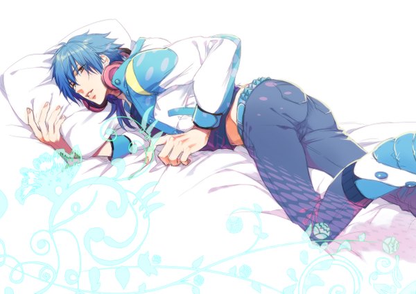 Anime picture 1250x884 with dramatical murder nitro+chiral aoba (dmmd) single short hair yellow eyes blue hair lying boy jacket headphones pillow jeans