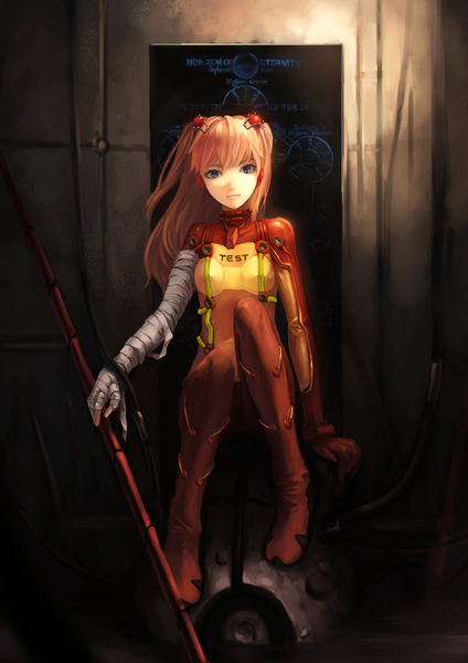 Anime picture 1240x1754 with neon genesis evangelion rebuild of evangelion evangelion: 2.0 you can (not) advance gainax soryu asuka langley shikinami asuka langley atorosu single long hair tall image blue eyes orange hair girl bodysuit bandage (bandages) wire (wires) pilot suit