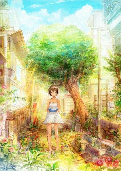 Anime picture 707x1000 with original neyagi single tall image short hair brown hair brown eyes sky cloud (clouds) ahoge barefoot sunlight detailed girl dress flower (flowers) plant (plants) tree (trees) sundress house
