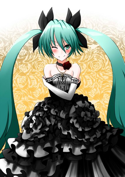 Anime picture 1074x1517 with vocaloid hatsune miku niyang53 single long hair tall image blush smile twintails bare shoulders green eyes very long hair one eye closed green hair wink girl flower (flowers) choker rose (roses) pendant