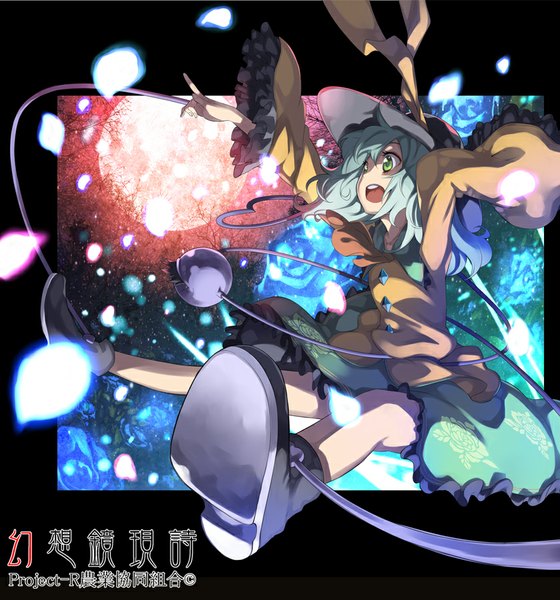 Anime picture 840x900 with touhou komeiji koishi yuuzii single long hair tall image open mouth green eyes looking away aqua hair outstretched arm pointing falling girl flower (flowers) hat petals boots frills rose (roses)