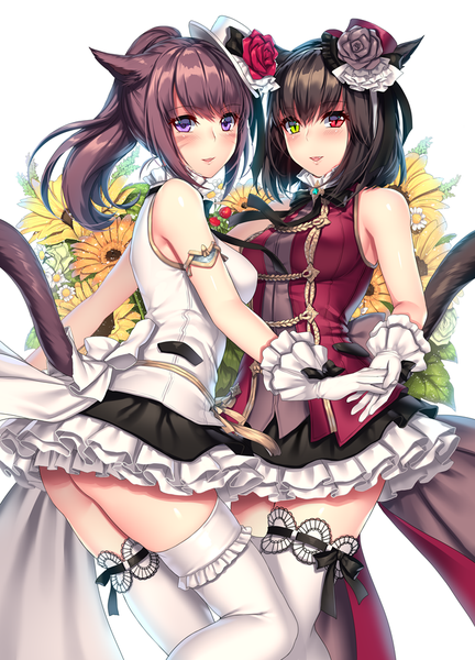 Anime picture 721x1000 with final fantasy final fantasy xiv square enix miqo'te aruma jiki long hair tall image looking at viewer blush fringe short hair breasts light erotic black hair smile red eyes brown hair standing purple eyes bare shoulders