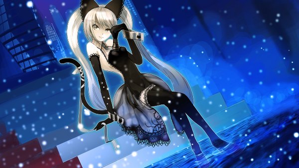 Anime picture 1280x720 with original kanipanda single looking at viewer wide image sitting twintails animal ears silver hair white hair very long hair cat ears cat girl cat tail silver eyes girl thighhighs dress gloves black thighhighs