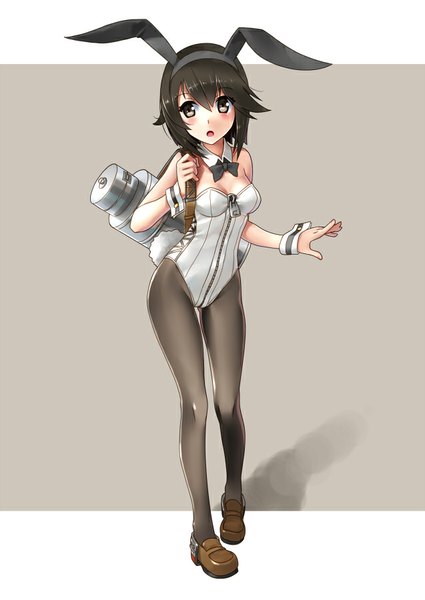 Anime picture 637x900 with kantai collection hayasui fleet oiler katahira masashi single tall image looking at viewer blush fringe short hair breasts open mouth light erotic brown hair standing holding brown eyes animal ears shadow midriff bunny ears