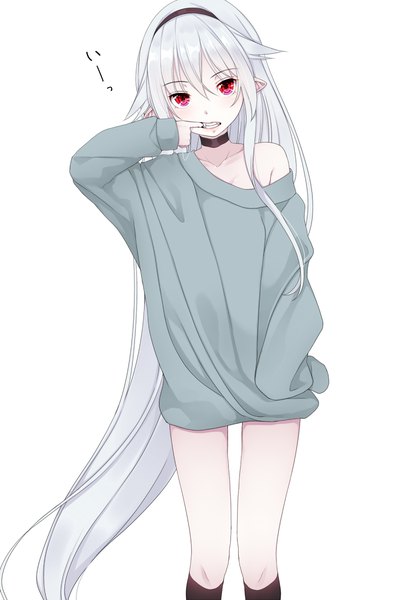 Anime picture 840x1200 with original afilia (kiyomin) kiyomin single tall image looking at viewer fringe simple background hair between eyes red eyes standing white background silver hair long sleeves very long hair pointy ears off shoulder inscription fang (fangs) sleeves past wrists
