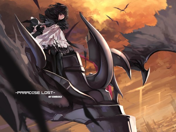 Anime picture 2126x1594 with swd3e2 highres short hair black hair red eyes signed horn (horns) inscription flying girl dress wings dragon