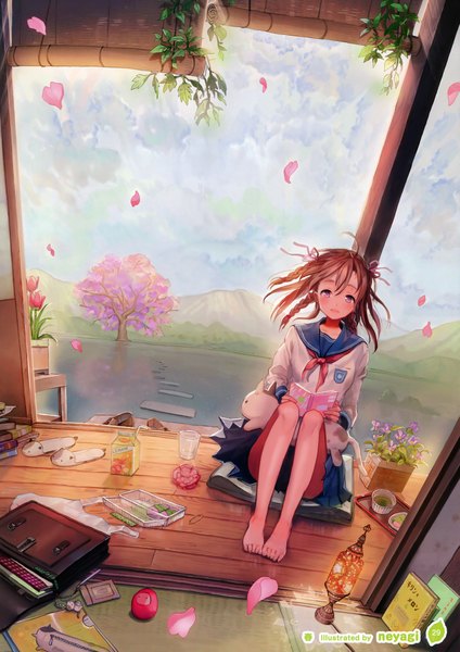Anime picture 2542x3600 with girls, girls, girls! 10 (artbook) neyagi single tall image looking at viewer blush highres short hair open mouth brown hair sitting purple eyes barefoot scan official art bare legs cherry blossoms girl uniform plant (plants)