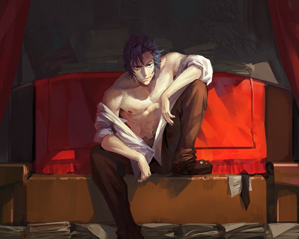Anime picture 1000x800 with kill la kill studio trigger mikisugi aikurou cancer (zjcconan) single looking at viewer short hair blue eyes sitting blue hair open clothes shadow open shirt muscle boy shirt necktie pants couch paper