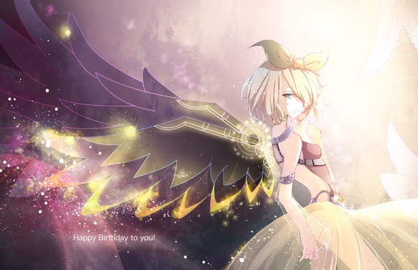 Anime picture 1859x1200 with vocaloid kagamine rin yotsuba0052 single looking at viewer highres short hair blue eyes blonde hair happy birthday mechanical wings mechanical parts girl bow hair bow detached sleeves wings transparent clothing