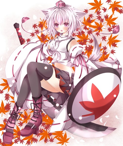 Anime picture 1500x1781 with touhou inubashiri momiji nanase nao single tall image blush short hair open mouth purple eyes animal ears silver hair traditional clothes animal tail girl thighhighs skirt weapon black thighhighs detached sleeves miniskirt