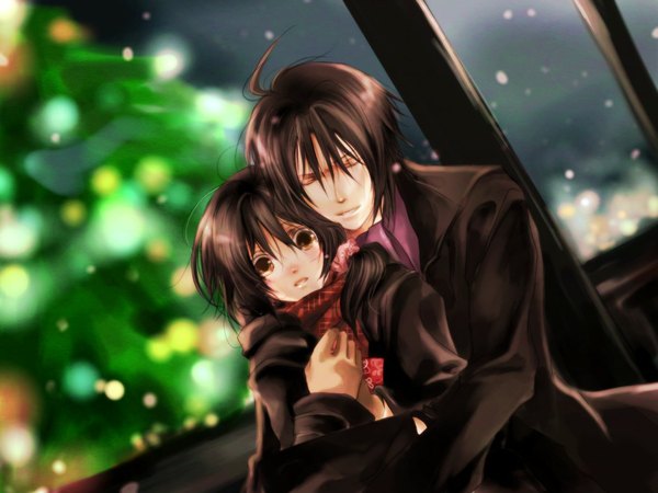 Anime picture 1024x768 with hakuouki shinsengumi kitan studio deen saito hajime chizuru yukimura aoi shizuka long hair short hair brown hair brown eyes eyes closed night sky couple hug snowing winter girl boy scarf christmas tree