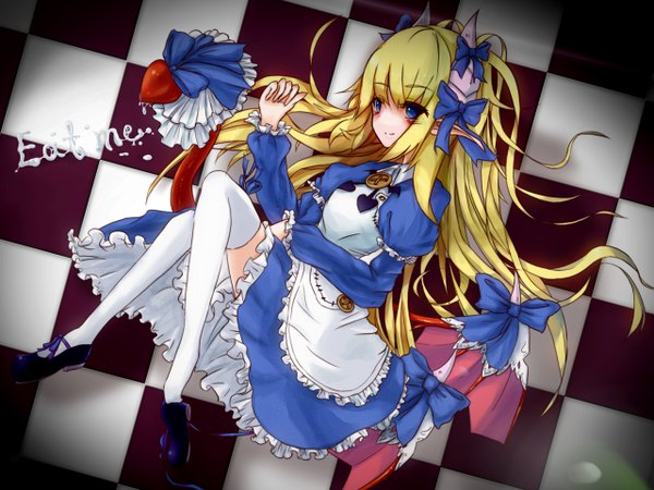 Anime picture 1280x962 with monster girl encyclopedia alice (monster girl encyclopedia) rocknroll (artist) single long hair blue eyes blonde hair pointy ears checkered floor girl thighhighs dress white thighhighs apron