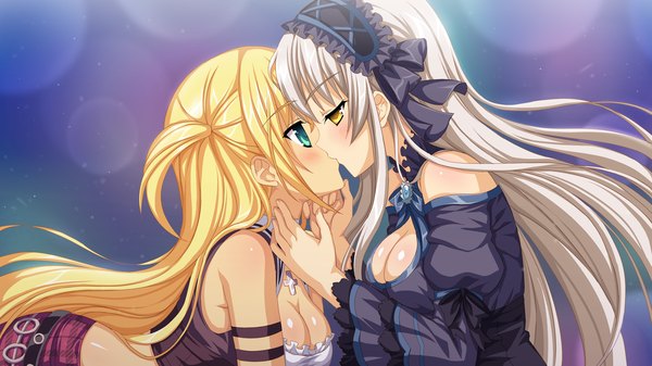 Anime picture 1366x768 with demon master chris saiga kurisu vioka long hair blush breasts light erotic blonde hair wide image twintails bare shoulders multiple girls yellow eyes game cg cleavage silver hair profile short twintails shoujo ai eye contact