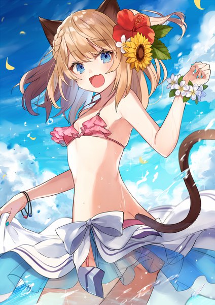 Anime picture 700x990 with original shugao single tall image fringe short hair open mouth blue eyes light erotic blonde hair animal ears cloud (clouds) tail nail polish :d animal tail hair flower cat ears sparkle cat girl