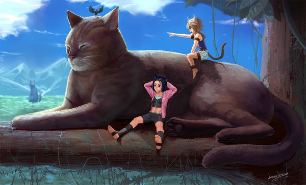 Anime picture 1500x911 with original lasterk short hair blue eyes blonde hair wide image sitting brown eyes animal ears blue hair sky cloud (clouds) profile barefoot cat ears cat tail no shoes mountain arms behind head sleeping