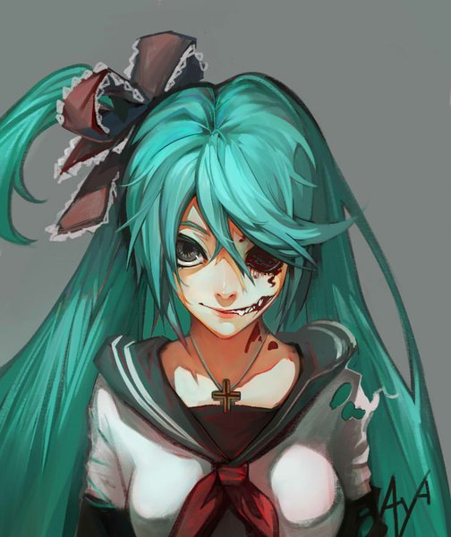 Anime picture 740x881 with vocaloid bacterial contamination (vocaloid) hatsune miku calcium orangemay single long hair tall image looking at viewer fringe breasts simple background smile lips aqua hair grey background grey eyes alternate costume girl ribbon (ribbons)