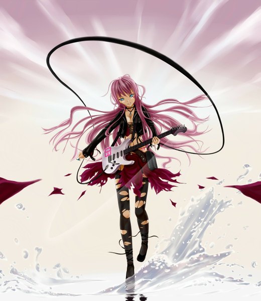 Anime picture 1300x1500 with vocaloid megurine luka nanahan (artist) single long hair tall image blue eyes smile pink hair torn clothes torn pantyhose girl skirt pantyhose water jacket belt heart pendant wire (wires)