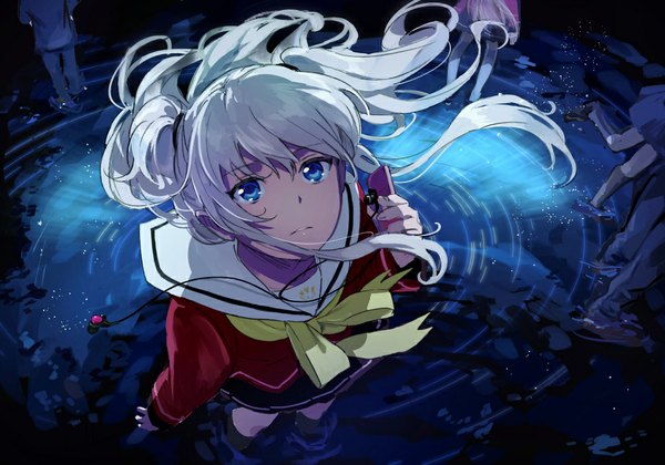 Anime picture 1000x700 with charlotte p.a. works tomori nao ichinose777 single long hair looking at viewer fringe blue eyes standing holding white hair parted lips from above wind lips two side up revision girl skirt