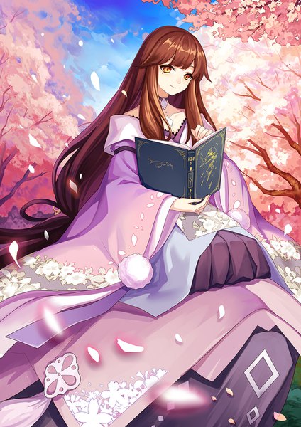 Anime picture 1000x1414 with touhou houraisan kaguya mirror (xilu4) single tall image fringe brown hair sitting brown eyes sky outdoors very long hair traditional clothes japanese clothes light smile cherry blossoms seiza reading girl petals