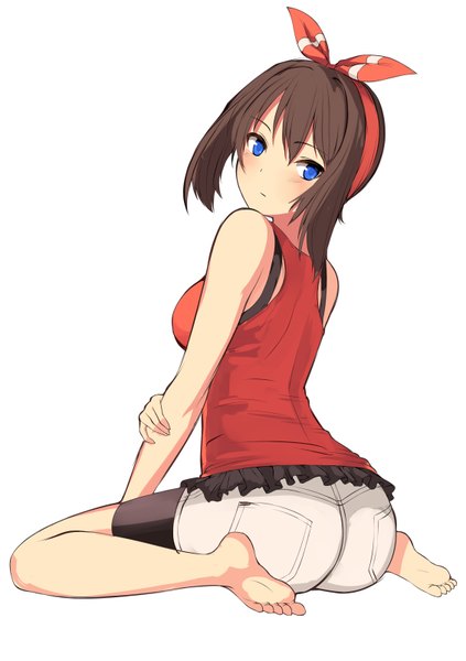 Anime picture 565x800 with pokemon pokemon (game) pokemon oras nintendo may (pokemon) kureha (ironika) single tall image blush fringe short hair blue eyes light erotic simple background hair between eyes brown hair white background sitting bare shoulders looking away