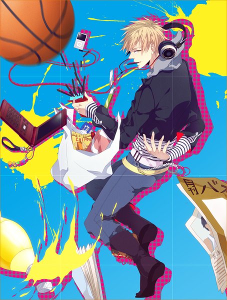 Anime picture 1148x1517 with kuroko no basket production i.g kise ryouta sara666 (roentgen666) tall image short hair blonde hair yellow eyes profile striped polka dot boy boots headphones candy ball phone trinket digital media player basketball ball