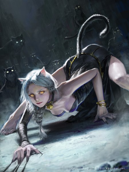 Anime picture 3000x4000 with totorrl (artist) long hair tall image highres light erotic standing sitting bare shoulders animal ears yellow eyes bent knee (knees) white hair tail braid (braids) animal tail barefoot cat ears shadow cat girl cat tail
