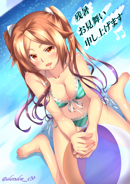 Anime picture 848x1200 with phantasy star phantasy star online 2 sega dandou single long hair tall image looking at viewer blush breasts open mouth light erotic red eyes brown hair twintails signed girl navel swimsuit bikini
