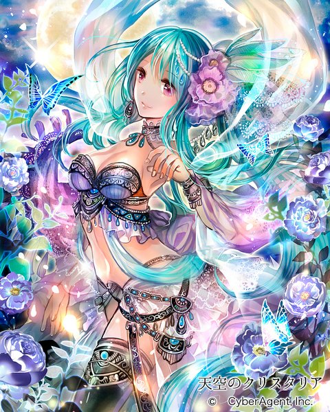 Anime picture 800x1000 with tenkuu no crystalia rioka single long hair tall image looking at viewer fringe breasts smile standing bare shoulders blue hair pink eyes hair flower bare belly girl thighhighs hair ornament flower (flowers) black thighhighs