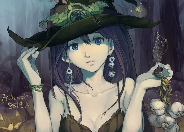 Anime picture 1024x737 with original tennohi single long hair looking at viewer breasts blue eyes cleavage purple hair lips halloween pale skin girl hat earrings tree (trees) bracelet witch hat forest vegetables