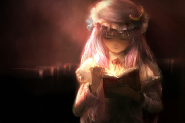 Anime picture 1280x853 with touhou patchouli knowledge tkjuly single long hair purple hair indoors eyes closed looking down dark background crescent reading girl dress white dress bowtie book (books) bonnet library