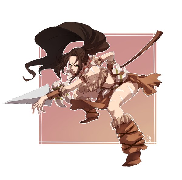 Anime picture 1500x1484 with league of legends nidalee (league of legends) single long hair looking at viewer brown hair green eyes ponytail girl necklace crystal spear