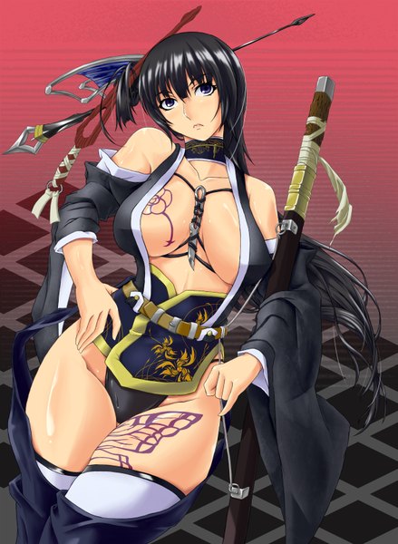 Anime picture 2523x3444 with original renges single long hair tall image highres breasts light erotic black hair large breasts purple eyes traditional clothes tattoo girl thighhighs hair ornament underwear panties weapon detached sleeves