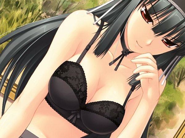 Anime picture 1024x768 with kimi ga aruji de shitsuji ga ore de kuonji shinra long hair light erotic black hair red eyes game cg girl