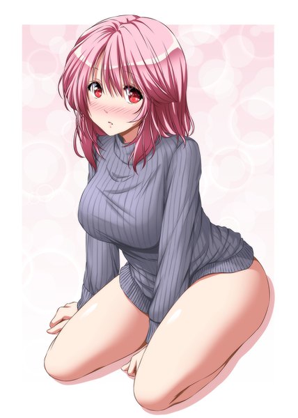 Anime picture 893x1253 with touhou saigyouji yuyuko nori tamago single tall image looking at viewer blush short hair light erotic red eyes pink hair girl turtleneck