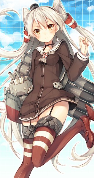 Anime picture 579x1094 with kantai collection amatsukaze destroyer rensouhou-kun toosaka asagi single long hair tall image looking at viewer blush brown eyes silver hair two side up victory girl thighhighs weapon hat shoes hair tubes sailor suit